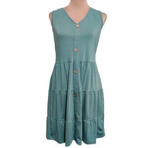 Womens Dress Button Front Summer Sleeveless V-Neck Pleated Swing Sage Green Sz M